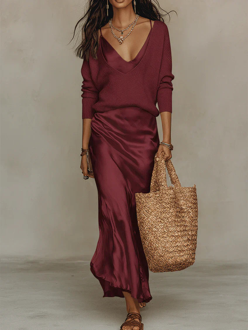 Cliodhna | Midi Satin Dress with Included Sweater