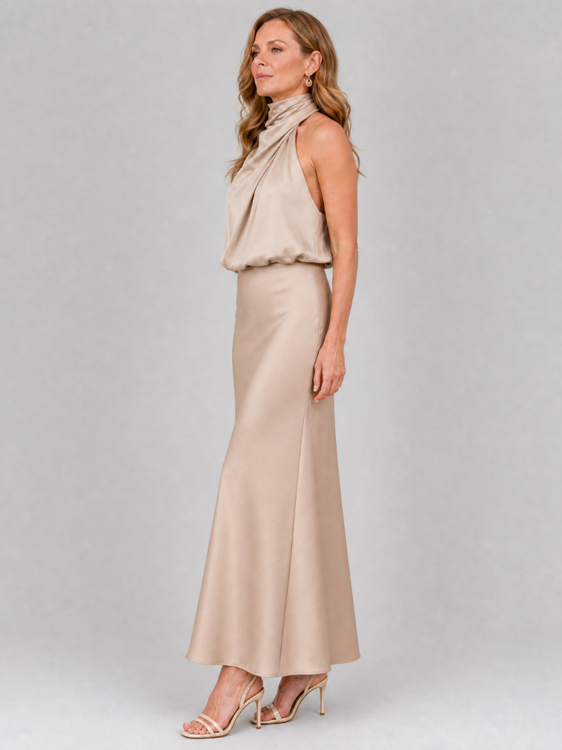 Cordelia — Draped Halter Satin Maxi Dress