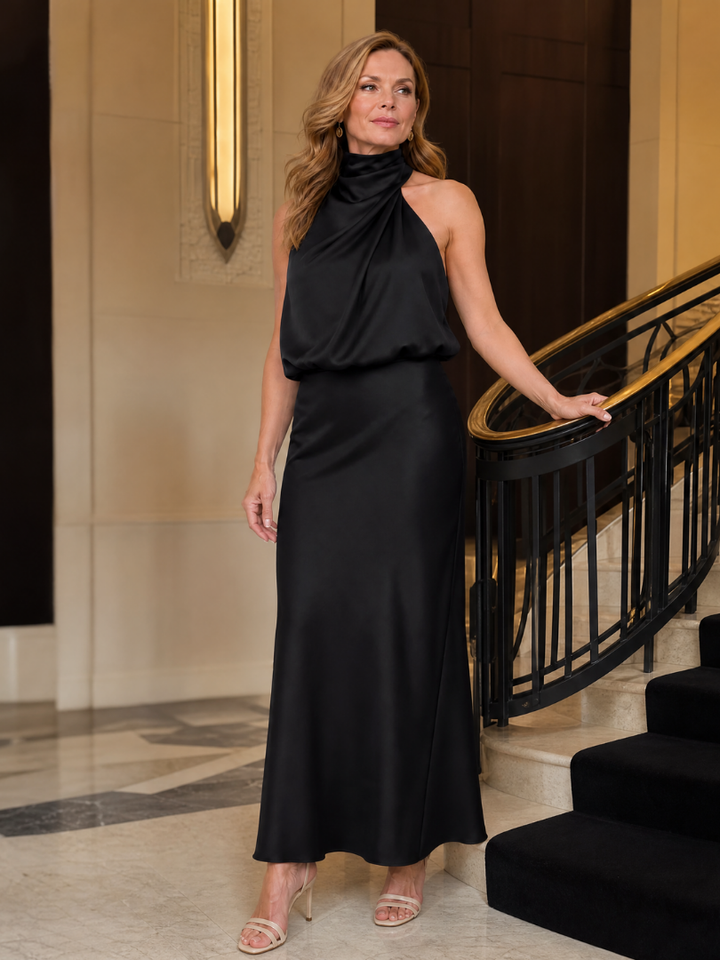 Cordelia — Draped Halter Satin Maxi Dress