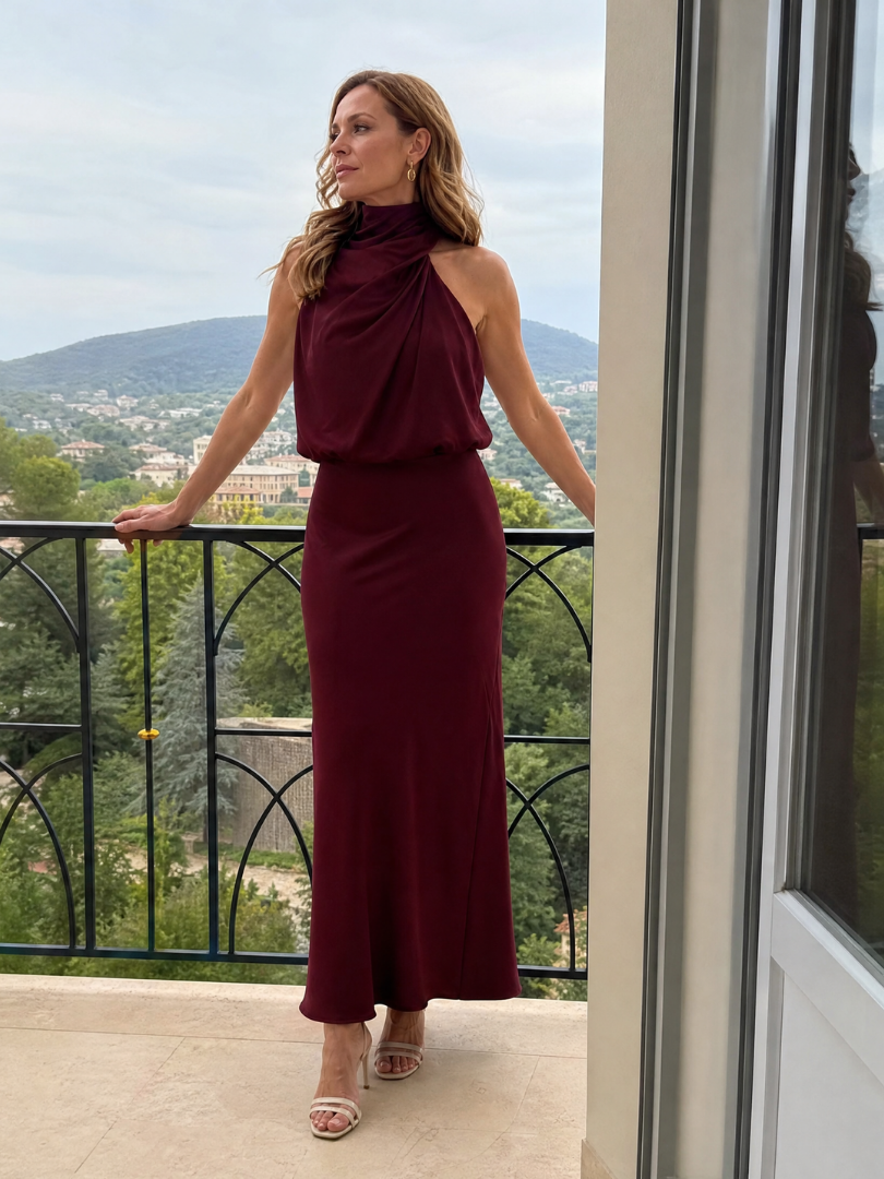 Cordelia — Draped Halter Satin Maxi Dress