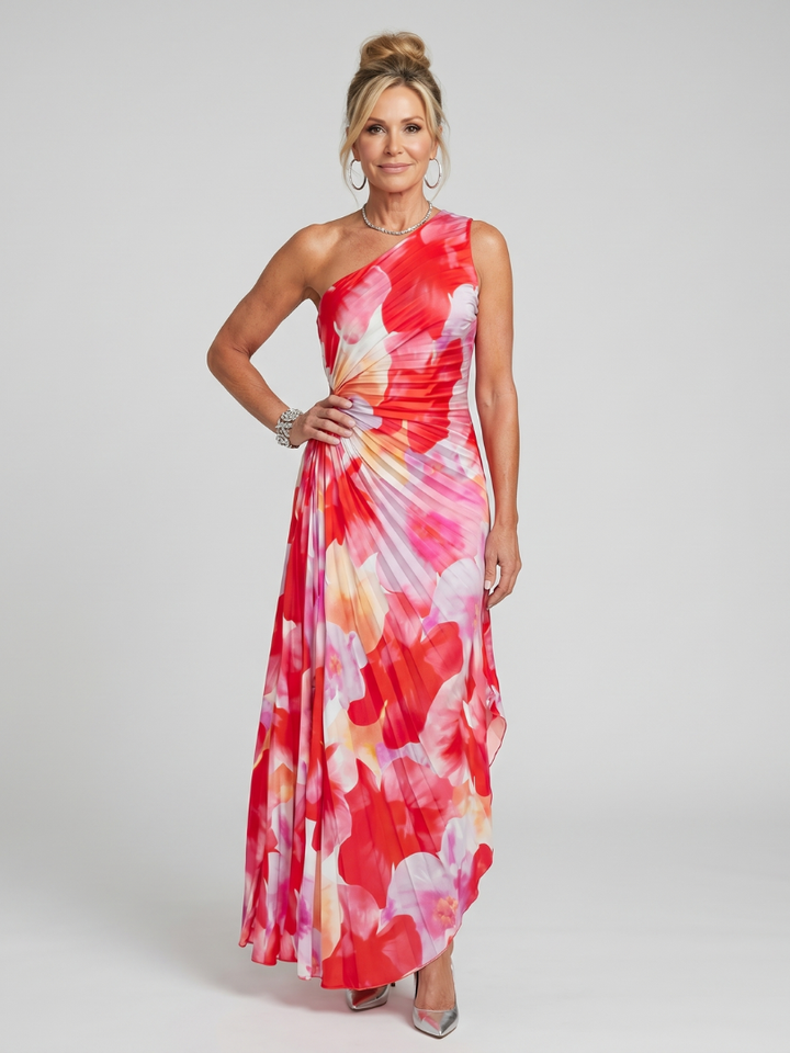 Linnea — One-Shoulder Petal-Print Maxi Dress