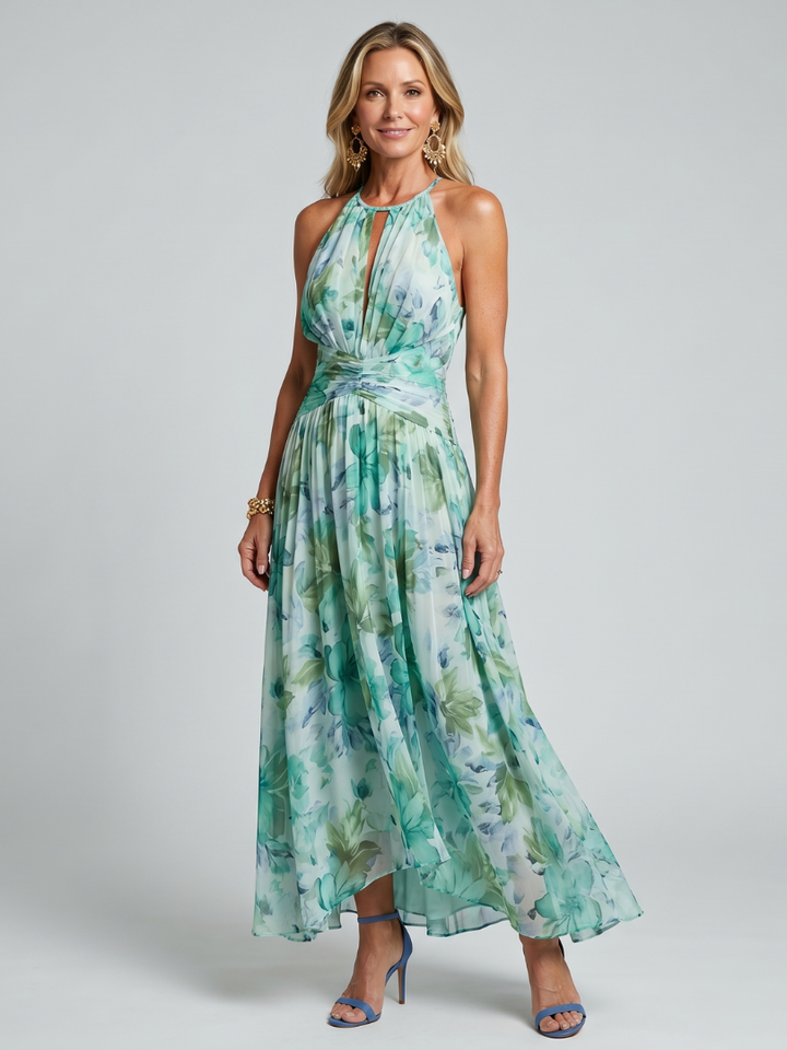 Genevieve — Pleated Halter Floral Midi Dress