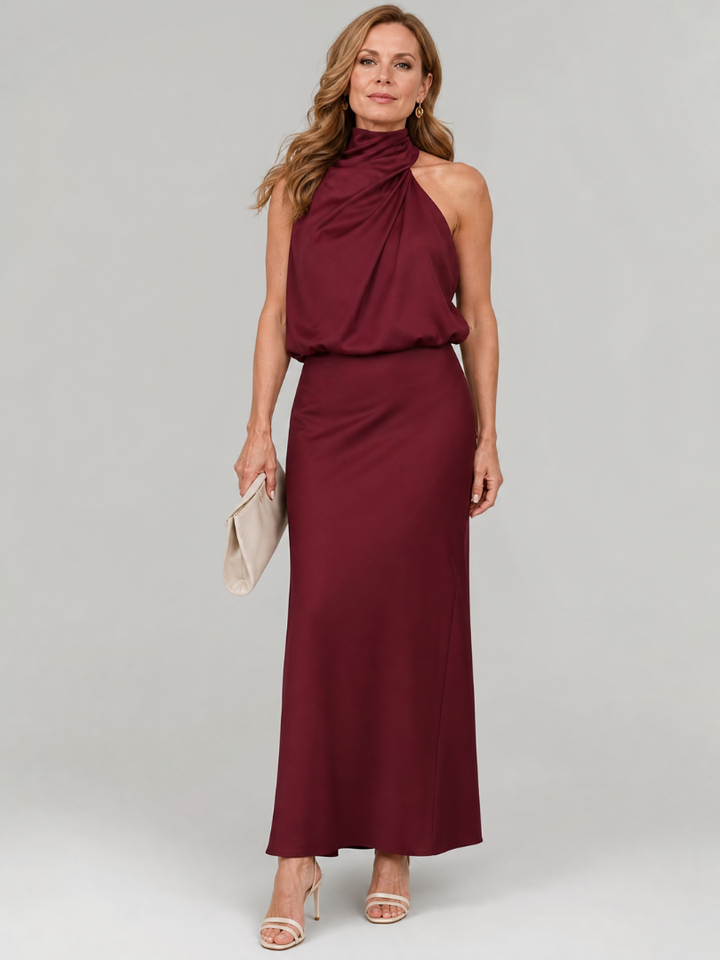 Cordelia — Draped Halter Satin Maxi Dress
