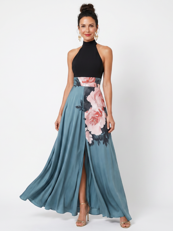 Anthea — Rose-Print Halter Maxi Dress