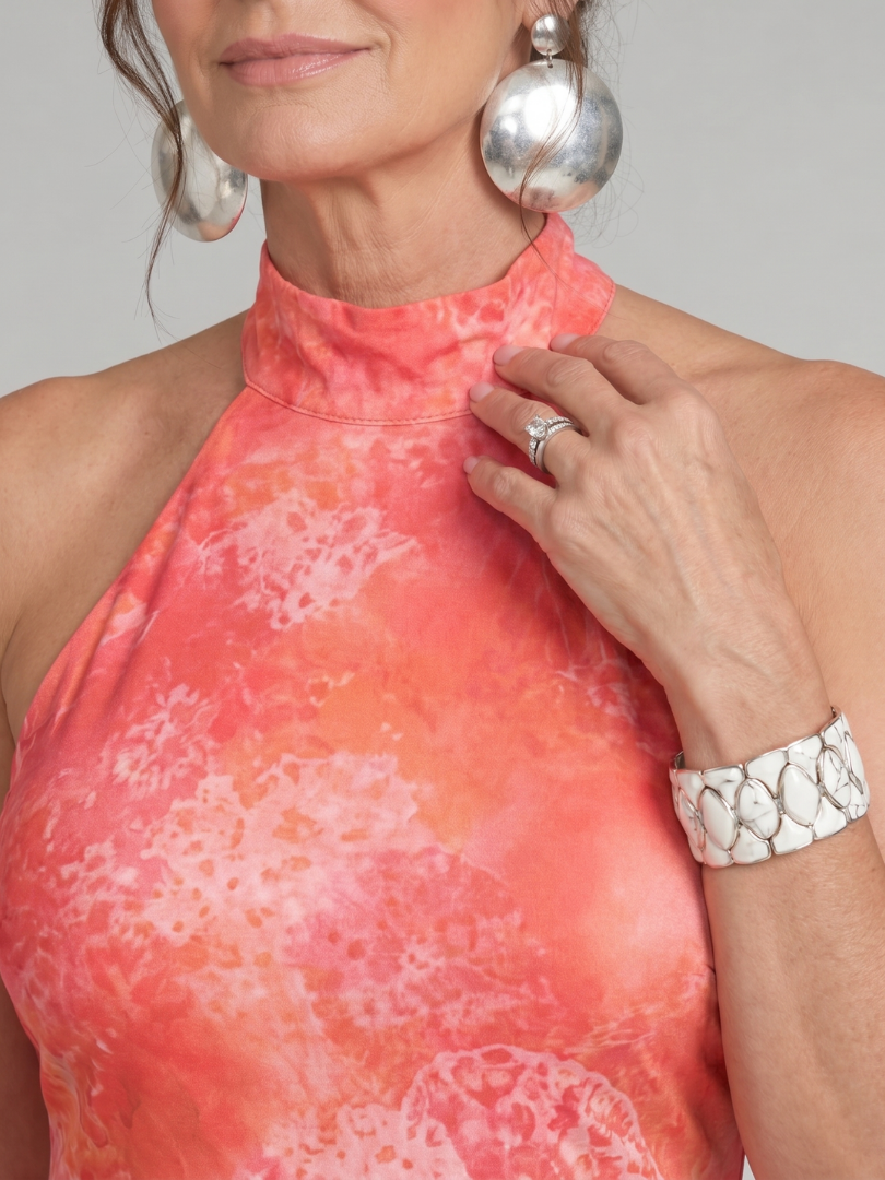 Solène — Coral Batik Halter Maxi Dress