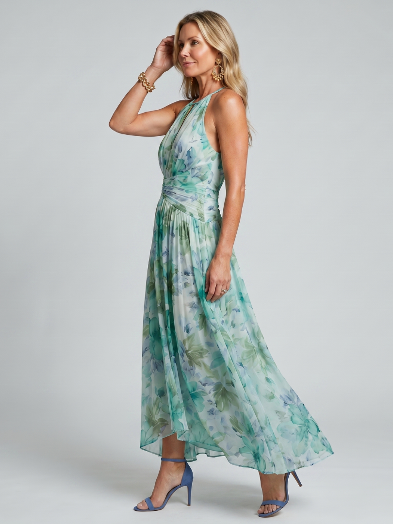 Genevieve — Pleated Halter Floral Midi Dress