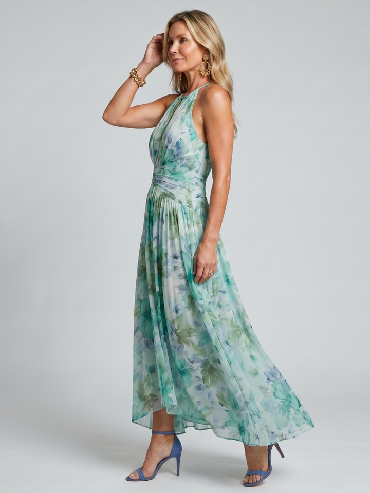Genevieve — Pleated Halter Floral Midi Dress