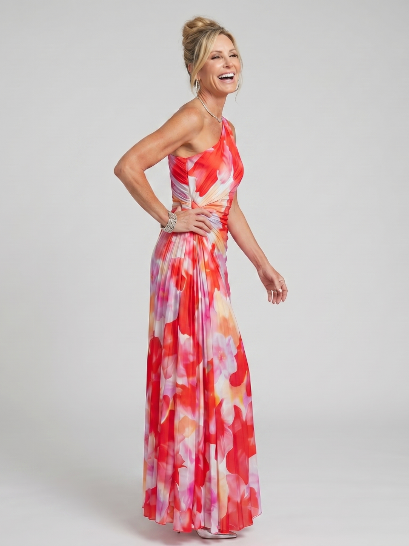 Linnea — One-Shoulder Petal-Print Maxi Dress