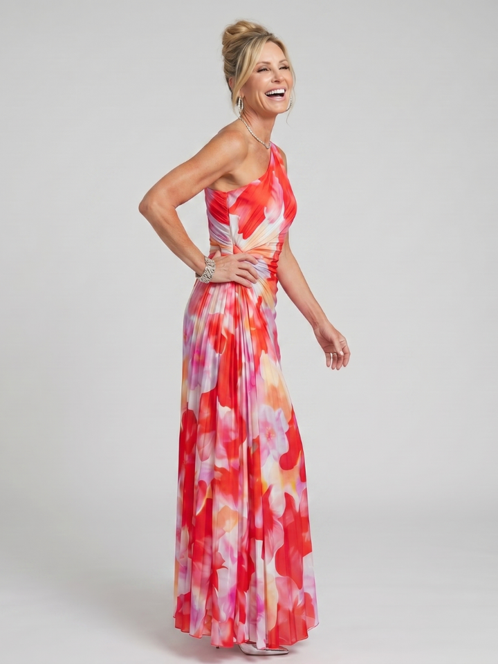 Linnea — One-Shoulder Petal-Print Maxi Dress