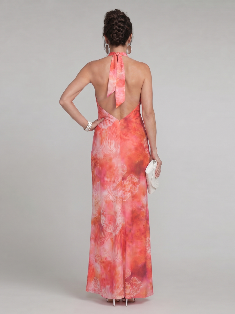 Solène — Coral Batik Halter Maxi Dress