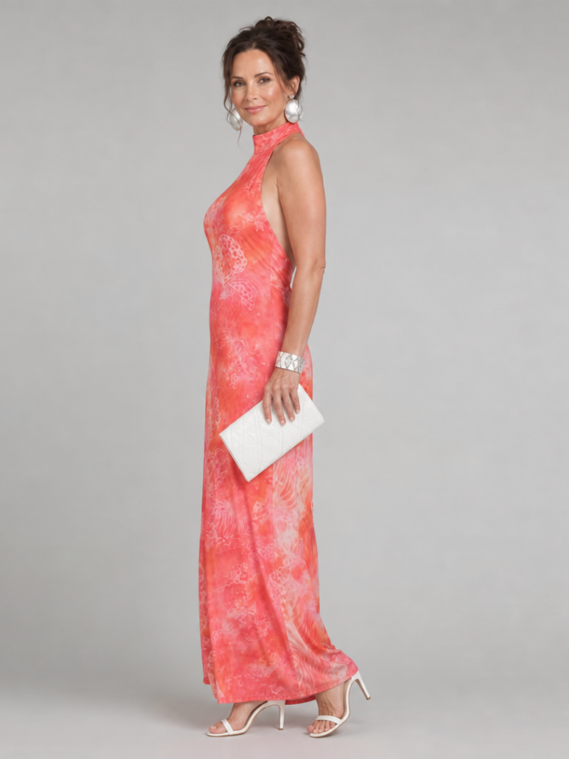 Solène — Coral Batik Halter Maxi Dress