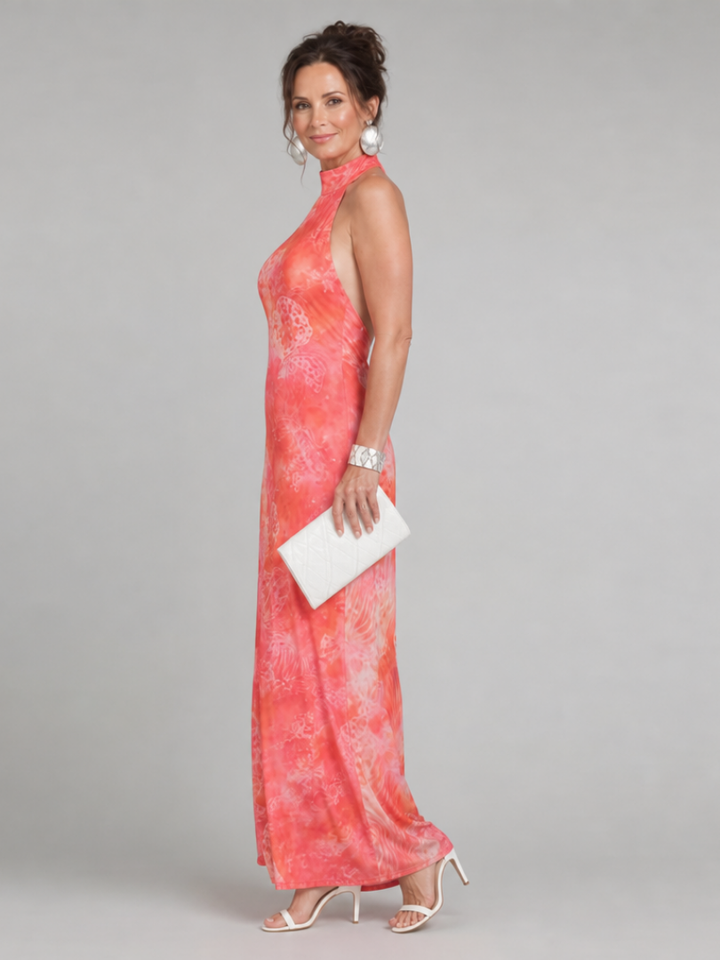 Solène — Coral Batik Halter Maxi Dress
