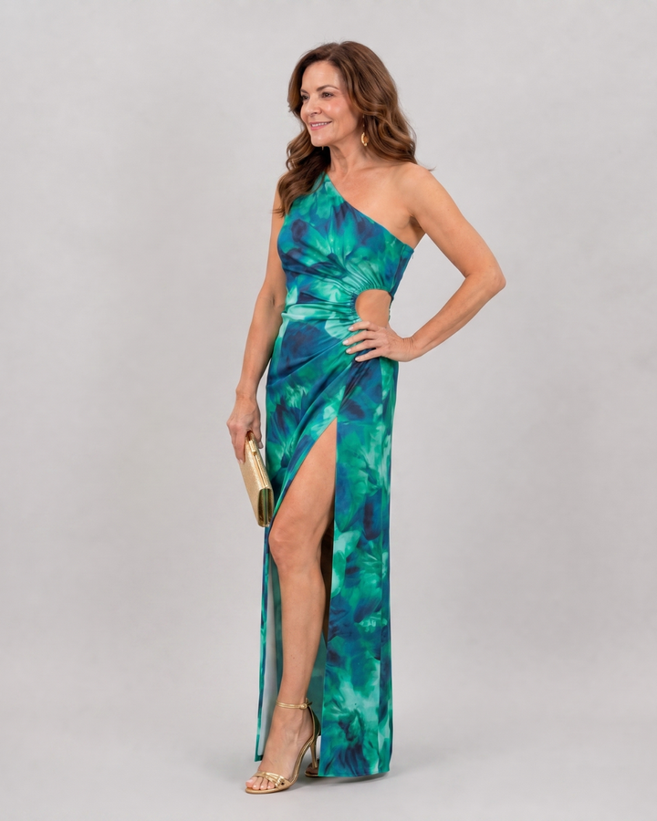 Vivienne — One-Shoulder Tropical Side-Slit Midi Dress