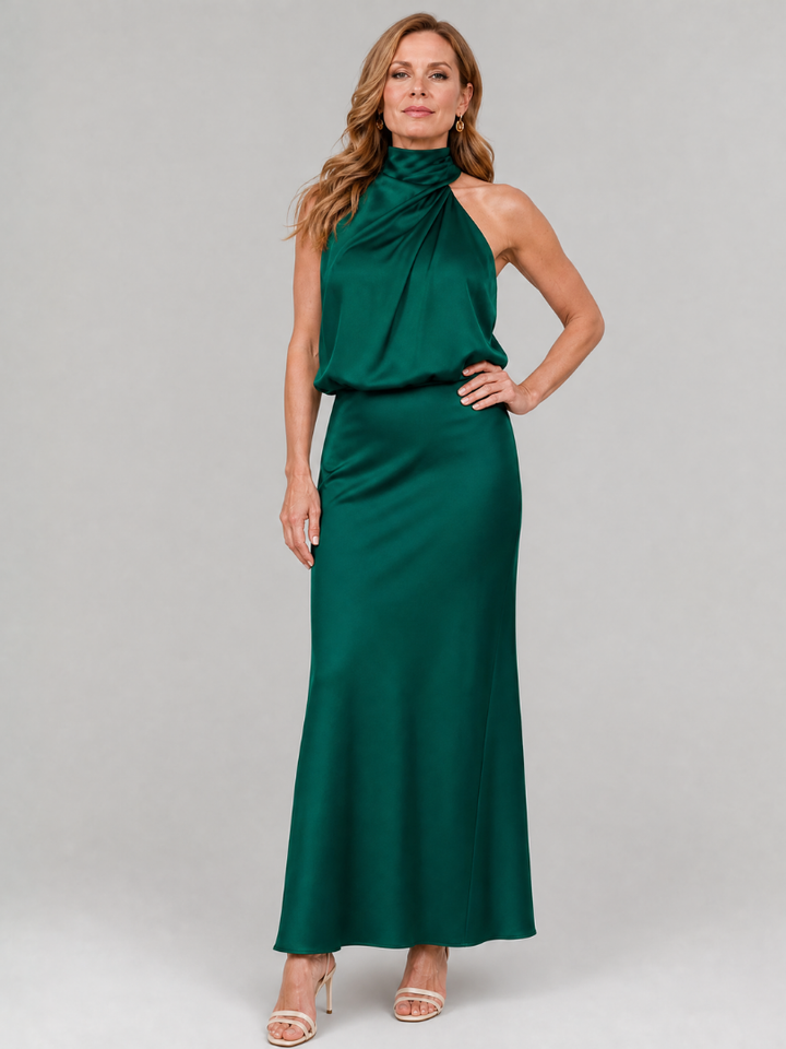 Cordelia — Draped Halter Satin Maxi Dress