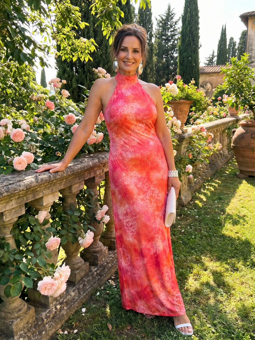 Solène — Coral Batik Halter Maxi Dress