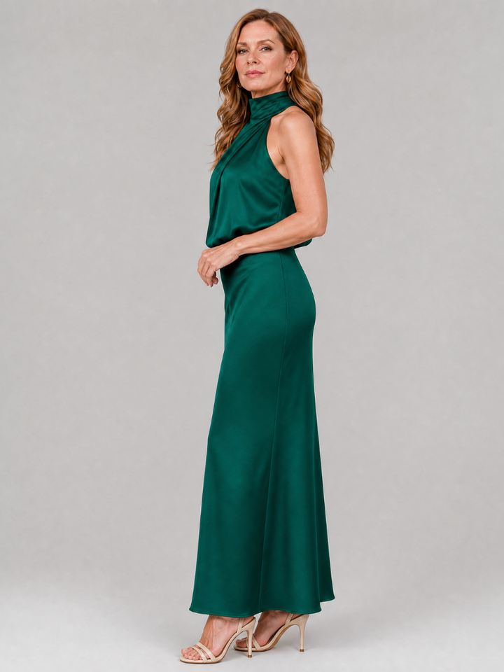 Cordelia — Draped Halter Satin Maxi Dress