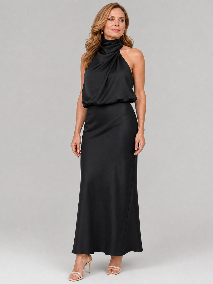 Cordelia — Draped Halter Satin Maxi Dress