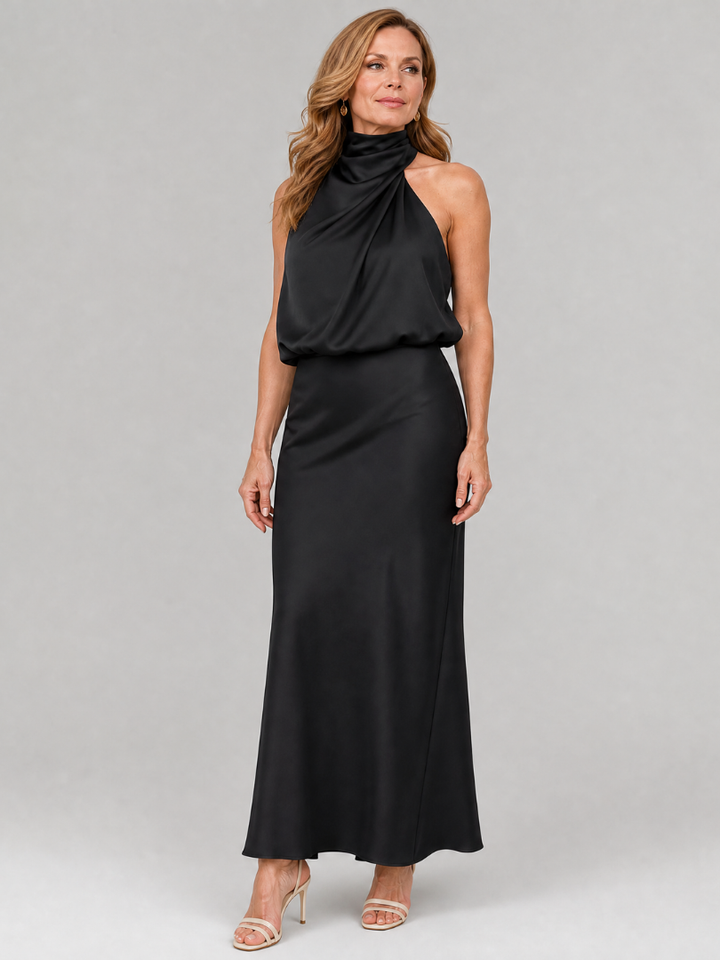 Cordelia — Draped Halter Satin Maxi Dress