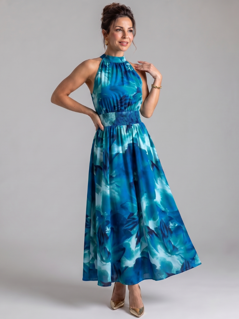 Saskia — Abstract-Print Halter Midi Dress