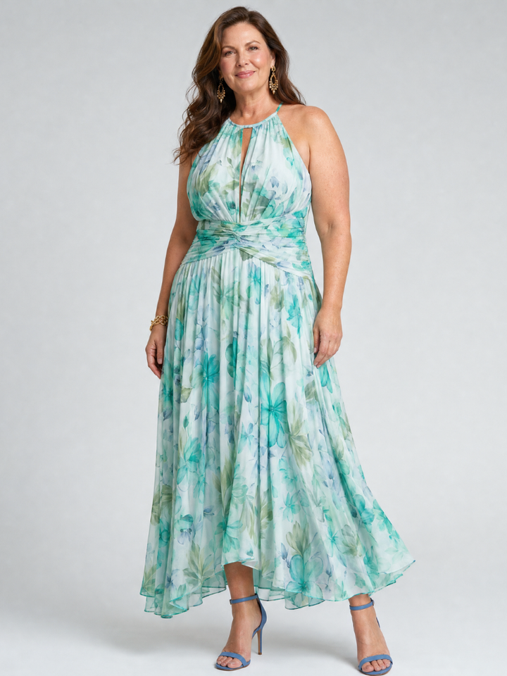 Genevieve — Pleated Halter Floral Midi Dress