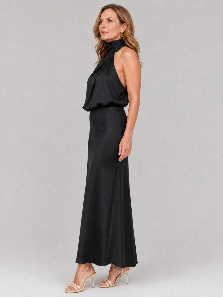 Cordelia — Draped Halter Satin Maxi Dress