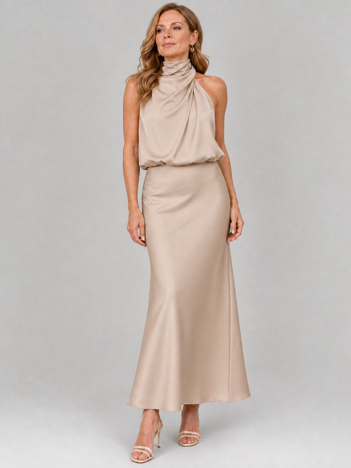 Cordelia — Draped Halter Satin Maxi Dress