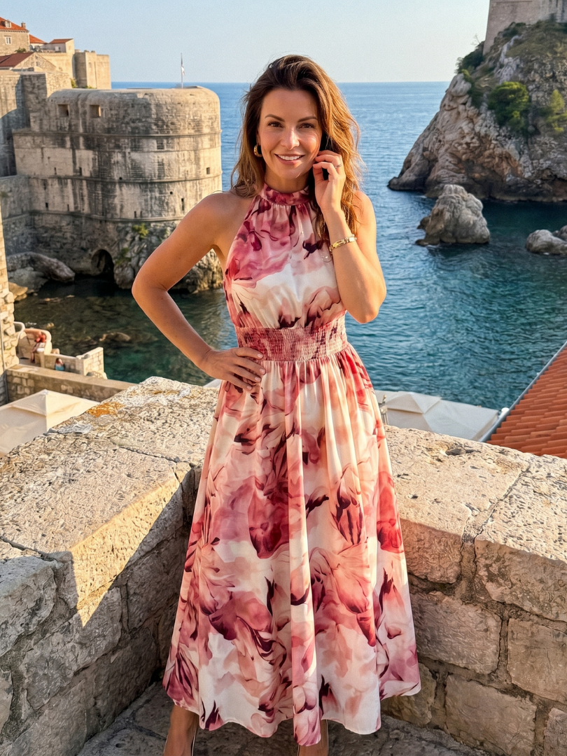 Saskia — Abstract-Print Halter Midi Dress