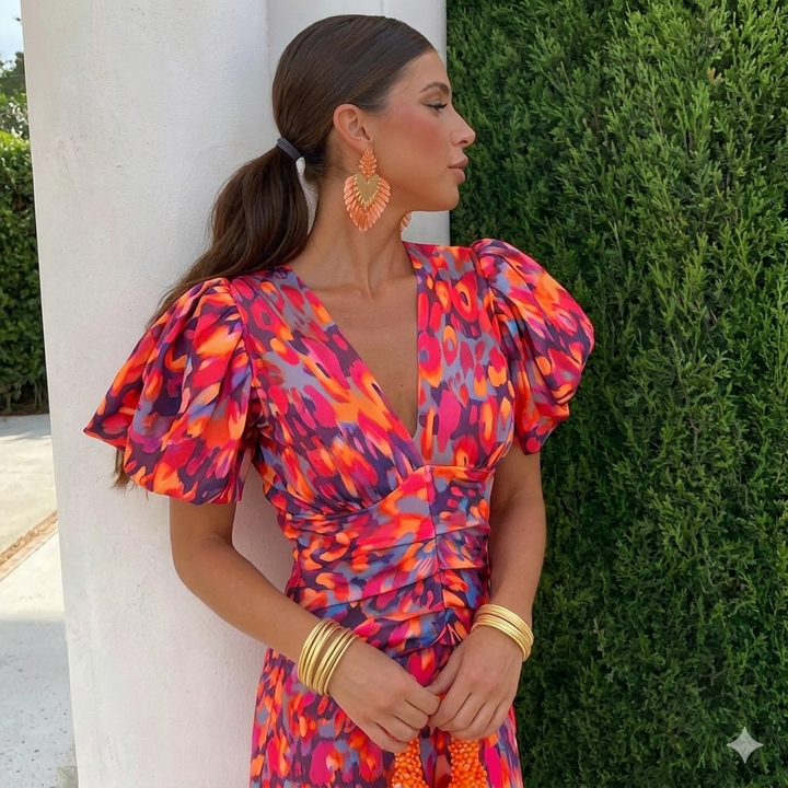 Róisín | Abstract Print Puff Sleeve Midi Dress