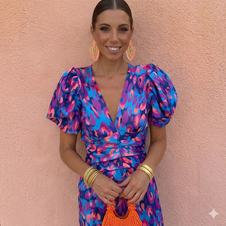 Róisín | Abstract Print Puff Sleeve Midi Dress