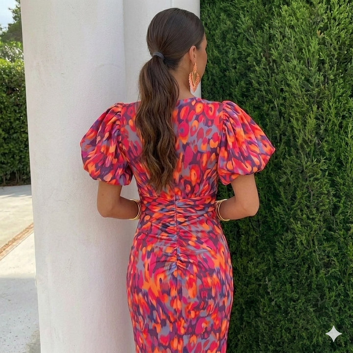 Róisín | Abstract Print Puff Sleeve Midi Dress