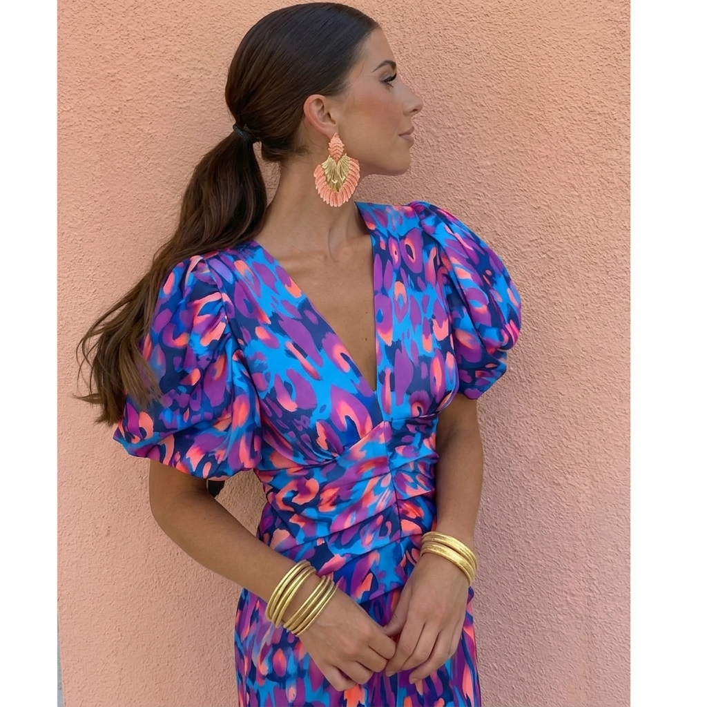 Róisín | Abstract Print Puff Sleeve Midi Dress