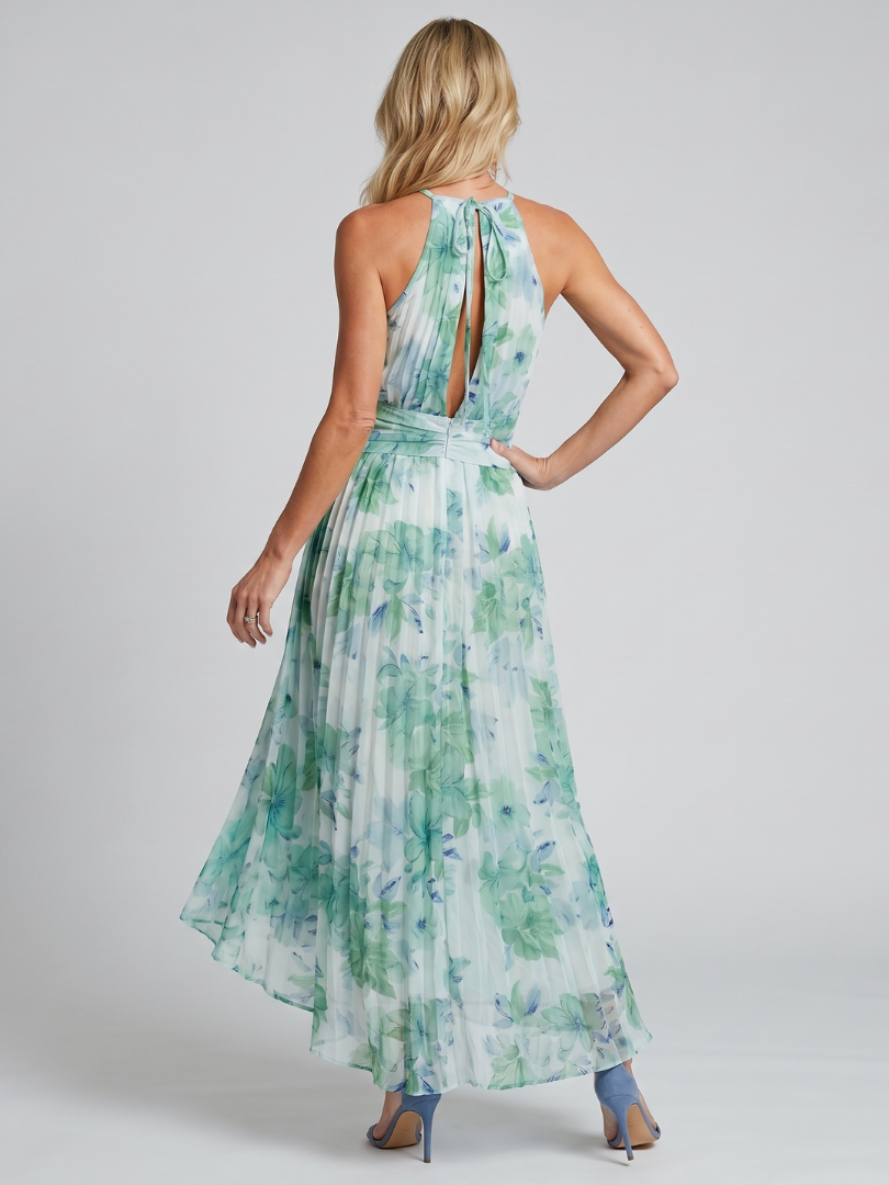 Genevieve — Pleated Halter Floral Midi Dress