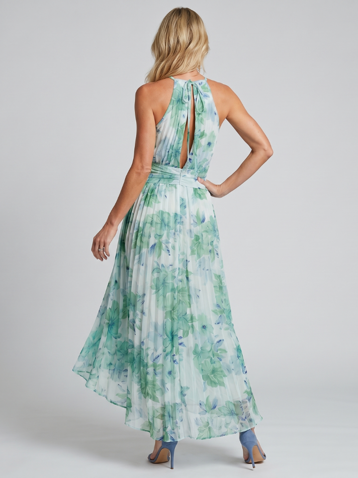 Genevieve — Pleated Halter Floral Midi Dress
