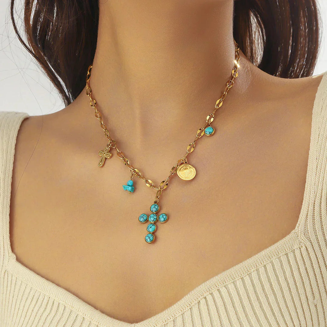 Dympna — Turquoise Cross & Coin Necklace