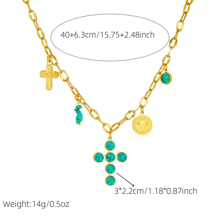 Dympna — Turquoise Cross & Coin Necklace