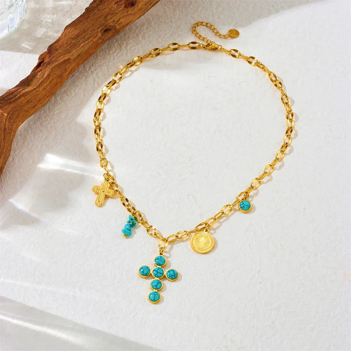 Dympna — Turquoise Cross & Coin Necklace