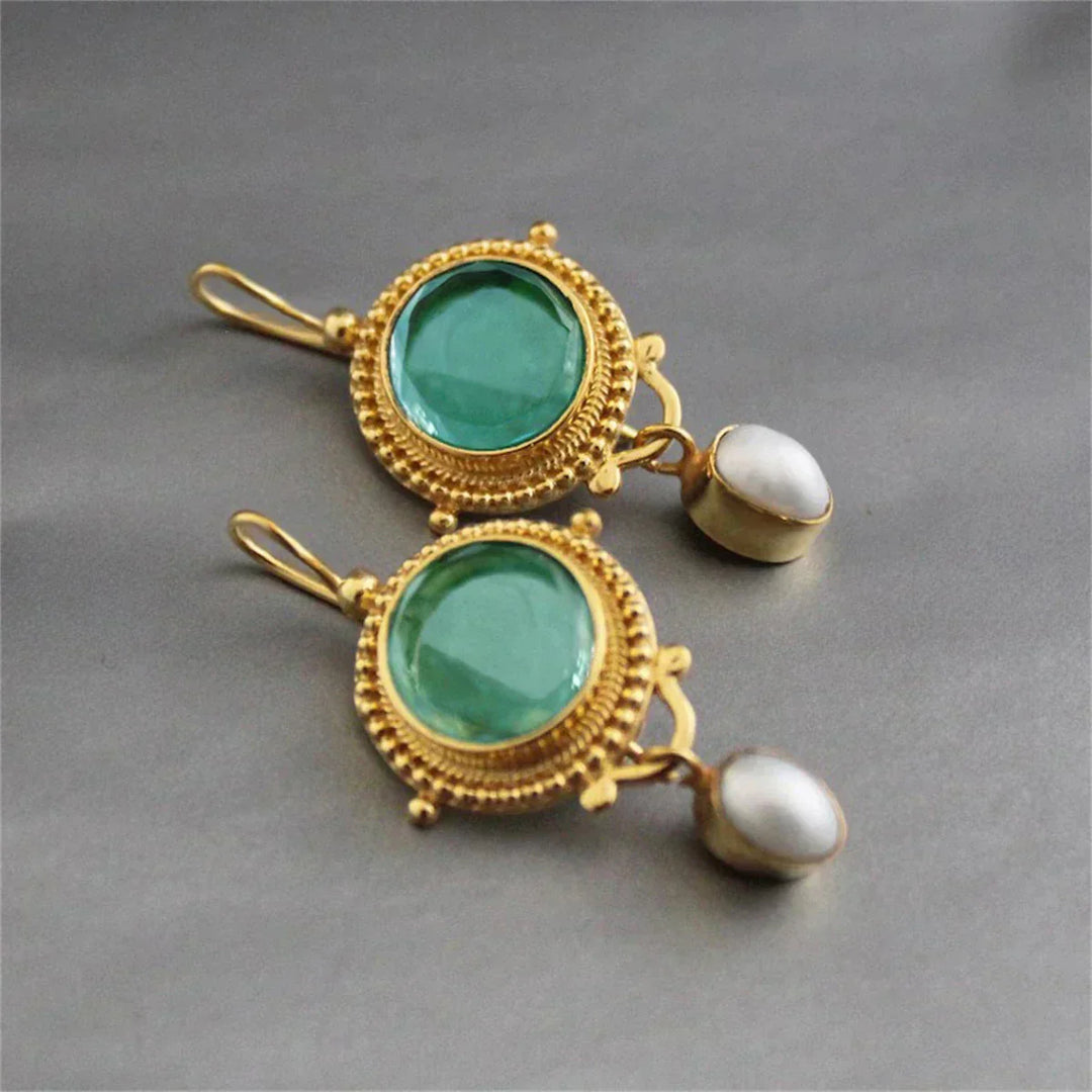 Aibhlinn — Ornate Green Stone & Pearl Earrings