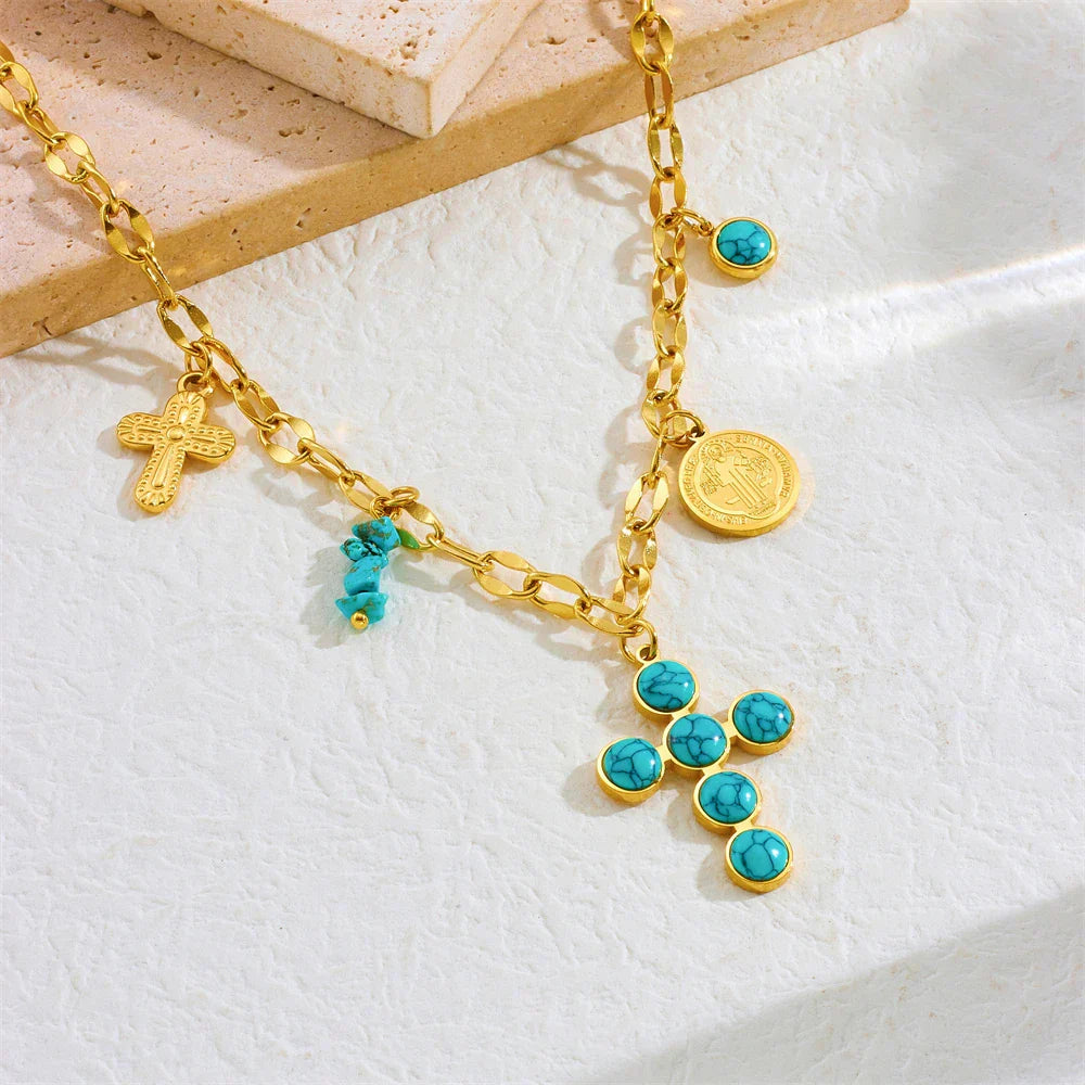 Dympna — Turquoise Cross & Coin Necklace