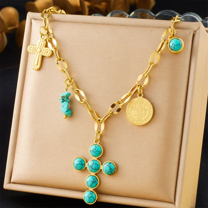 Dympna — Turquoise Cross & Coin Necklace
