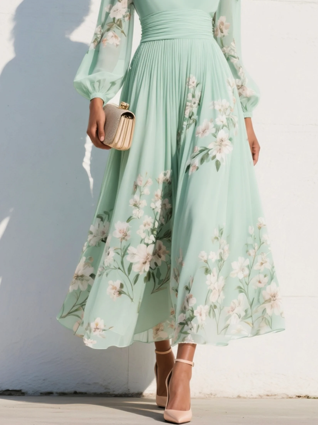 Niamh | Mint Floral Chiffon Midi Dress