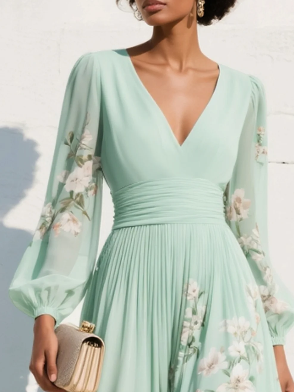 Niamh | Mint Floral Chiffon Midi Dress
