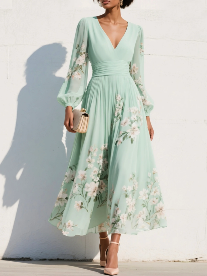 Niamh | Mint Floral Chiffon Midi Dress