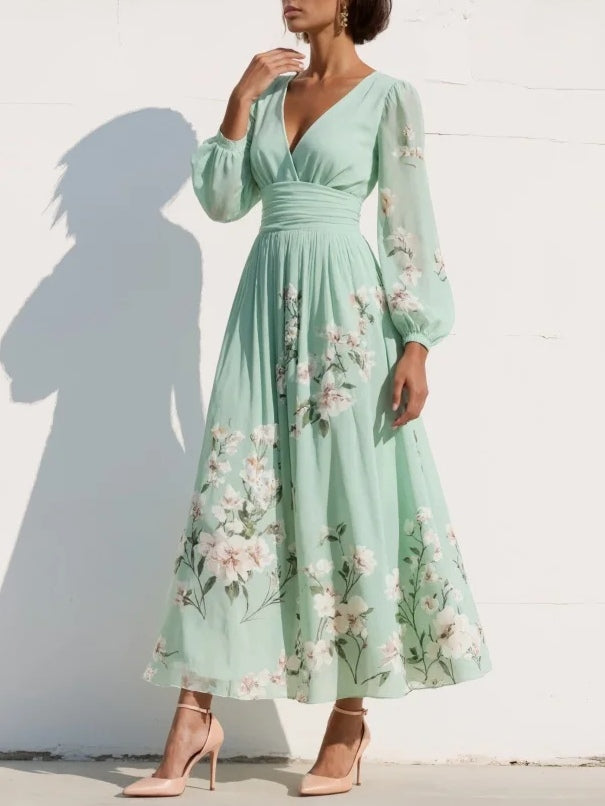 Niamh | Mint Floral Chiffon Midi Dress