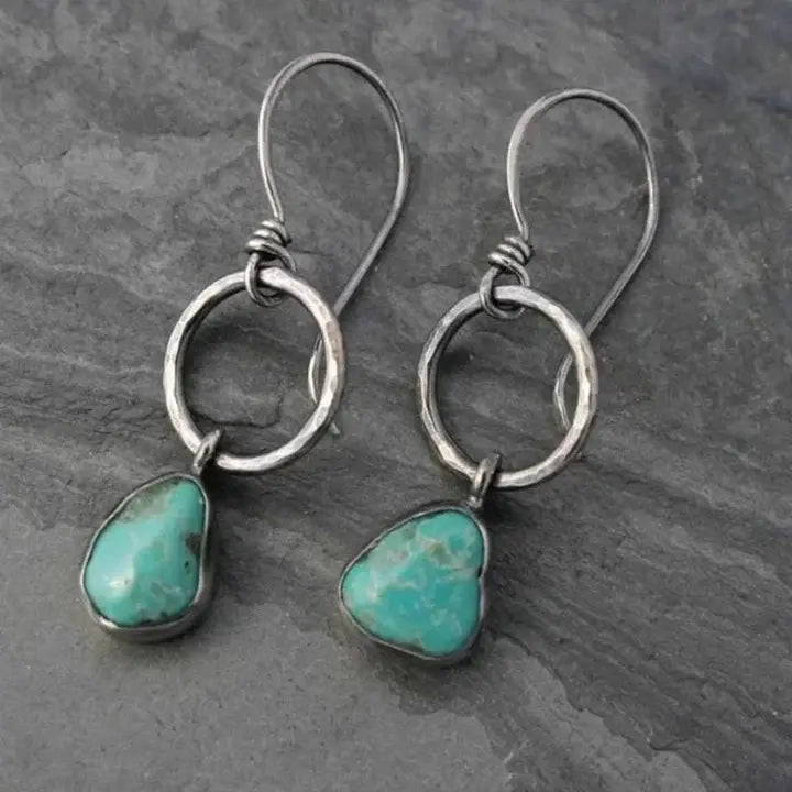 Saoirse — Hammered Circle Turquoise Drop Earrings