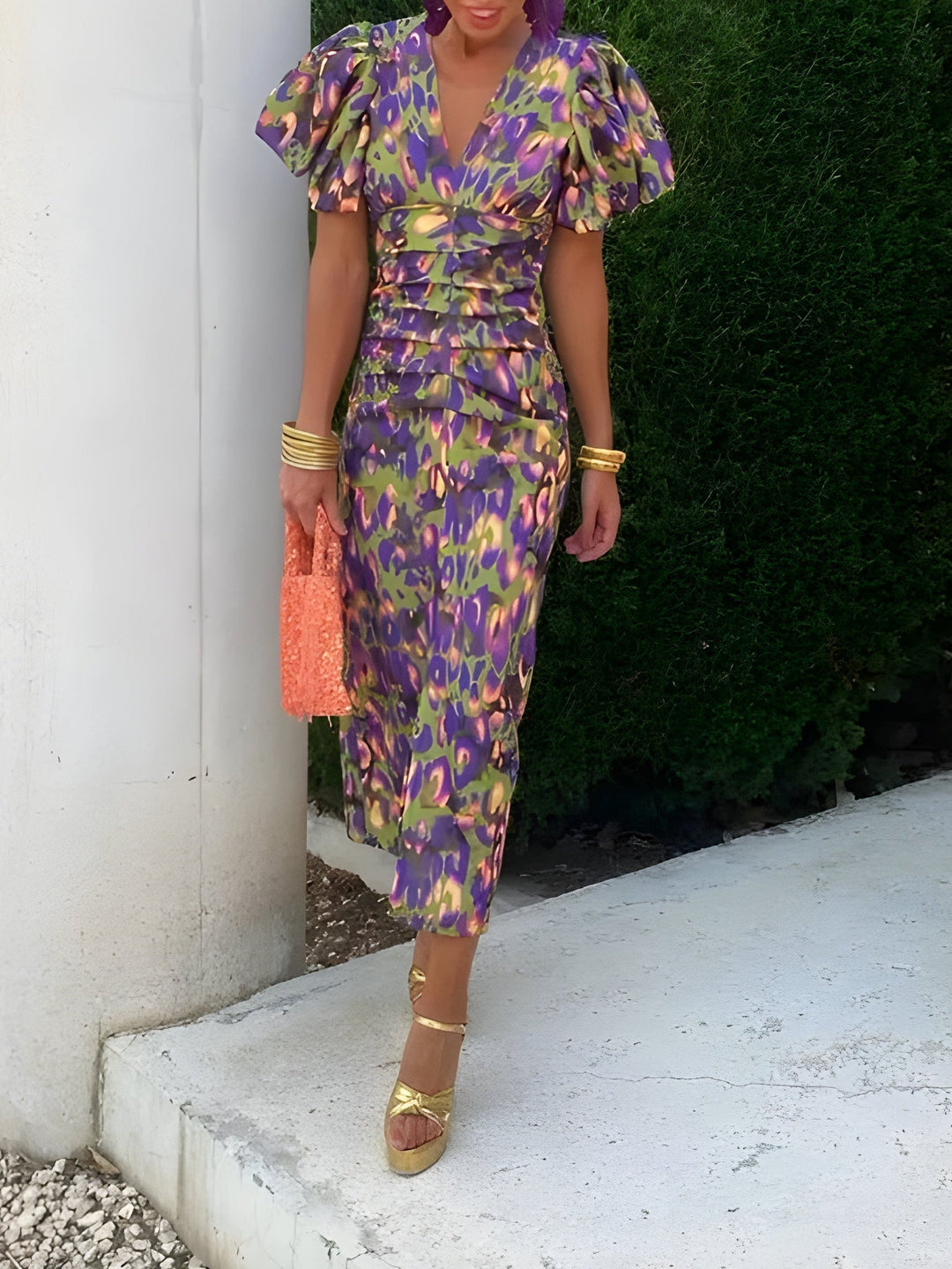 Róisín | Abstract Print Puff Sleeve Midi Dress