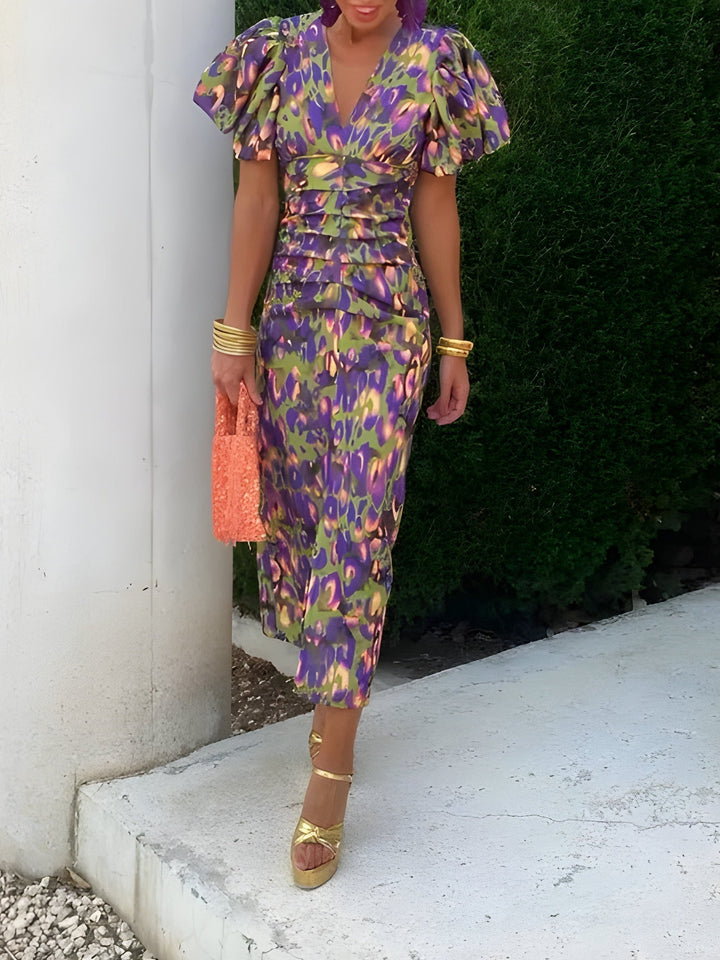 Róisín | Abstract Print Puff Sleeve Midi Dress