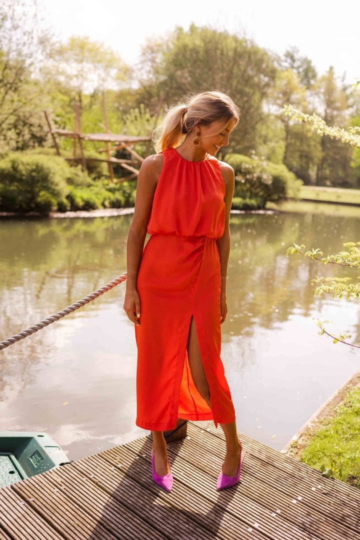Marivienne | Satin Midi Dress with Front Slit