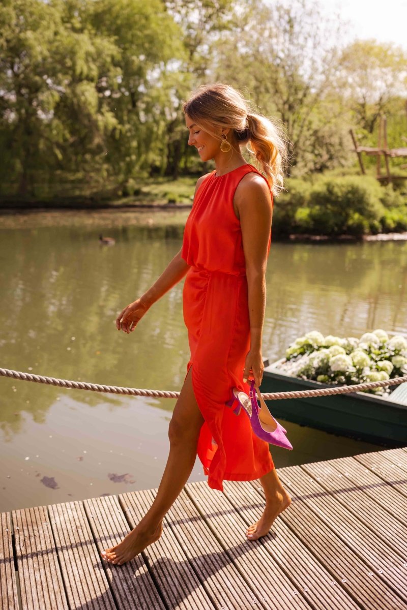 Marivienne | Satin Midi Dress with Front Slit