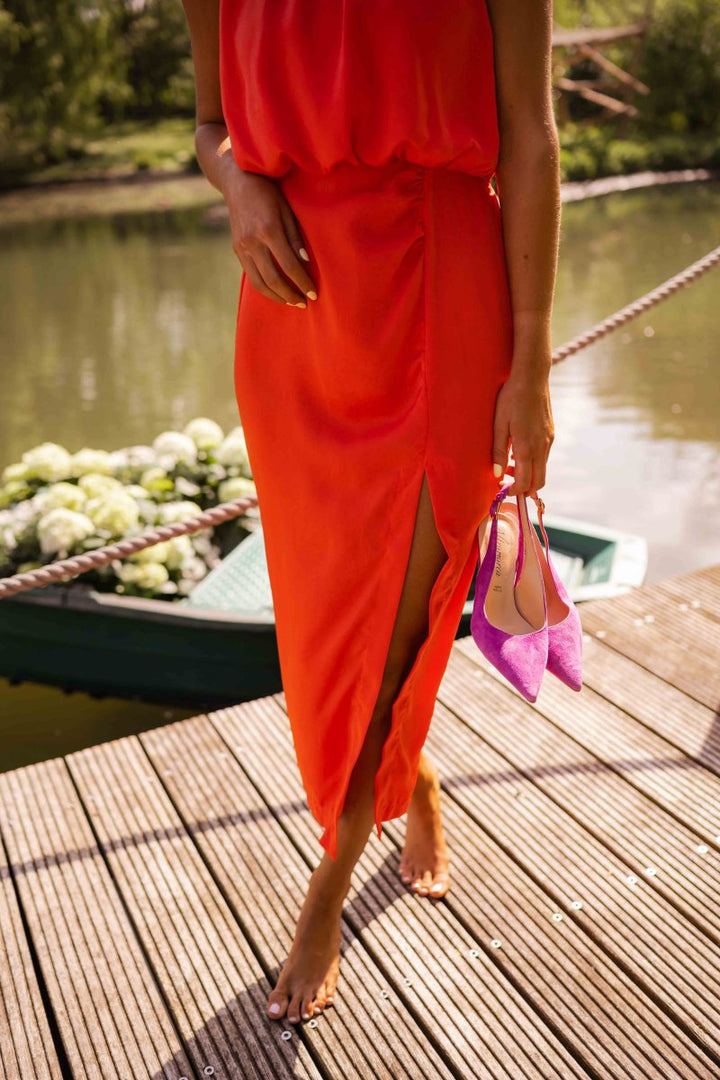 Marivienne | Satin Midi Dress with Front Slit
